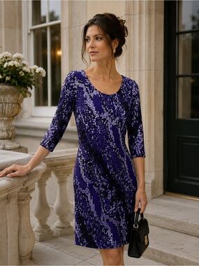 ST JOHN Collection purple and black abstract print knit fabric. dress size 6